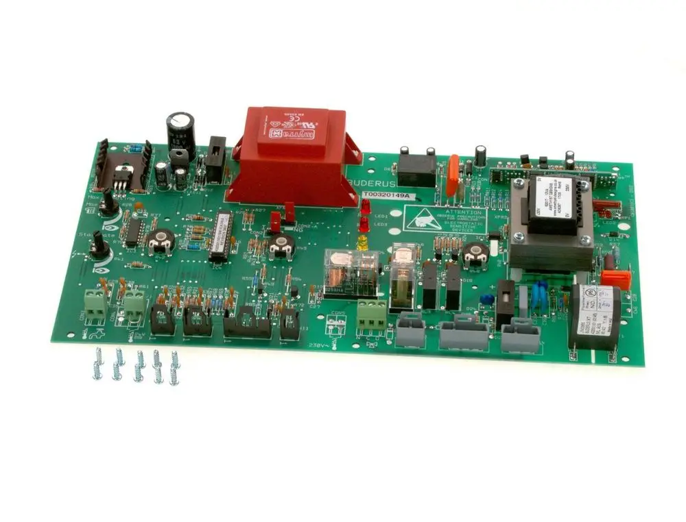 Bosch Platine mit elektronischen Komponenten und mehreren Anschlussmöglichkeiten. Im Vordergrund sind fünf Schrauben zu sehen.